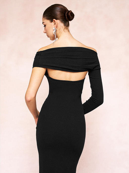 TR她热 优雅女神 黑色螺纹修身显瘦单边袖露背不规则包臀连衣裙 商品图1
