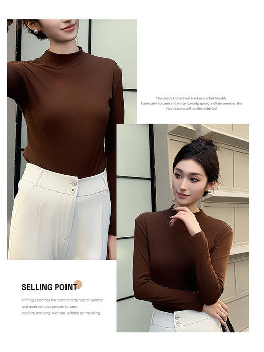 【3件/69】双面磨毛小立领长袖女秋冬新款半高领百搭内搭上衣高级椰油打底衫HLY 商品图8