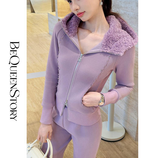 余潇潇【活力都市】重工柔软亲肤烫钻珠花修身加绒上衣&直筒裤套装 商品图4