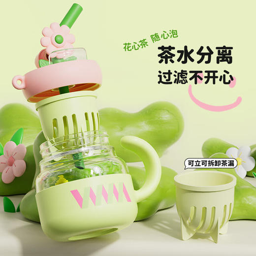 【6F】多样屋可可猫玻璃杯水杯茶杯茶水分离男女早餐杯果汁杯子吸管杯产妇孕妇 花朵转转玻璃桌面杯 商品图2