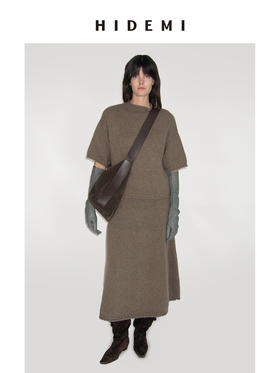HIDEMI 进口澳洲美利奴羊毛花纱立领短袖粗针极简廓形毛衣半裙套装 毛衣｜茧型半裙
