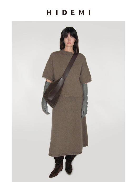 HIDEMI 进口澳洲美利奴羊毛花纱立领短袖粗针极简廓形毛衣半裙套装 毛衣｜茧型半裙 商品图0