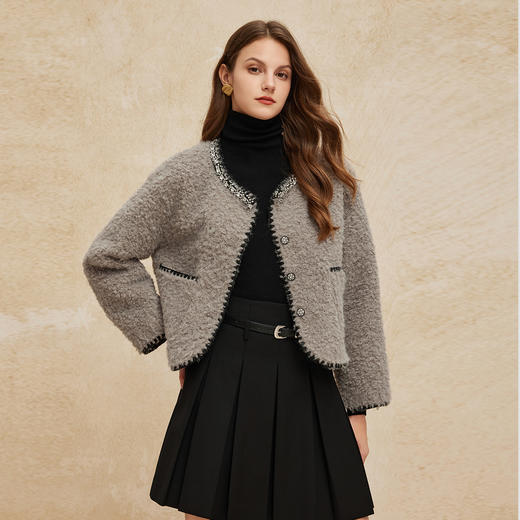 PH107斯尔丽2024冬季新款小香风皮毛一体圆领防风保暖优雅仿绵羊毛外套 商品图2