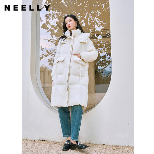 NEELLY纳俪90白鸭绒中长款过膝羽绒服女冬季连帽设计感保暖面包服N23104L06605 商品图1