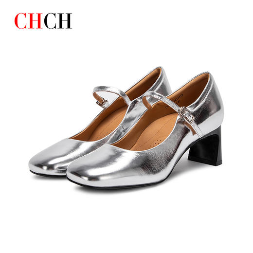 CHCH平衡鞋2024秋冬新品专柜同款 牛皮光面一字带玛丽珍浅口粗跟通勤女鞋CO2B5141 商品图3