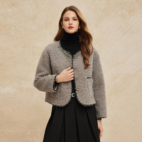 PH107斯尔丽2024冬季新款小香风皮毛一体圆领防风保暖优雅仿绵羊毛外套