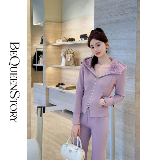 余潇潇【活力都市】重工柔软亲肤烫钻珠花修身加绒上衣&直筒裤套装 商品图2