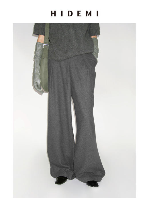 HIDEMI【江疏影同款】进口绵羊毛保暖厚款双压褶垂顺感超模阔腿裤长裤 黑色|深灰色 商品图0
