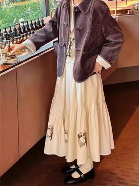 浮生八记/24D142/灯芯绒手绘印花蛋糕裙复古松紧腰半身裙