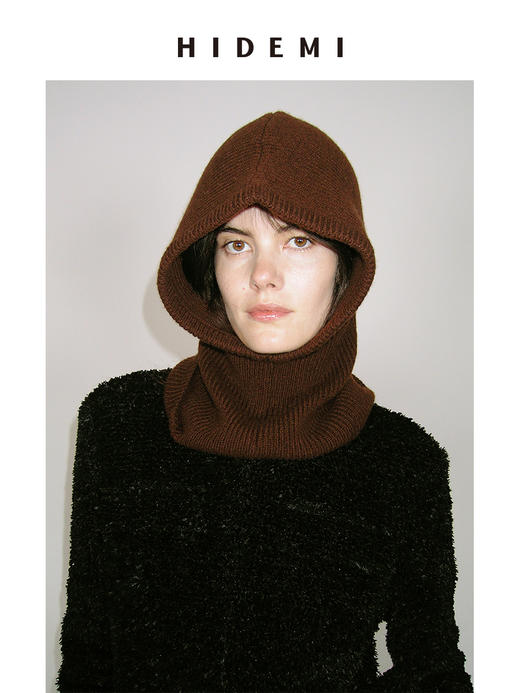 HIDEMI进口美利奴羊毛加厚粗针设计感保暖连帽围脖巴拉克拉法帽针织帽女 黑色/复古棕红/鼠尾草灰绿 商品图0