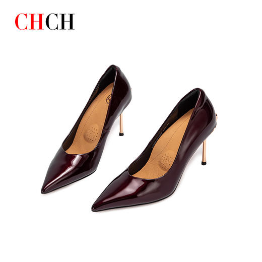 CHCH平衡鞋2024秋冬新品亮面高跟鞋细跟酒红婚宴鞋简约金属跟浅口尖头职业OL女鞋 商品图4