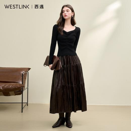 绵羊毛简约设计感针织衫女早春轻薄捏褶高弹桃心领打底衫V4142675 商品图2