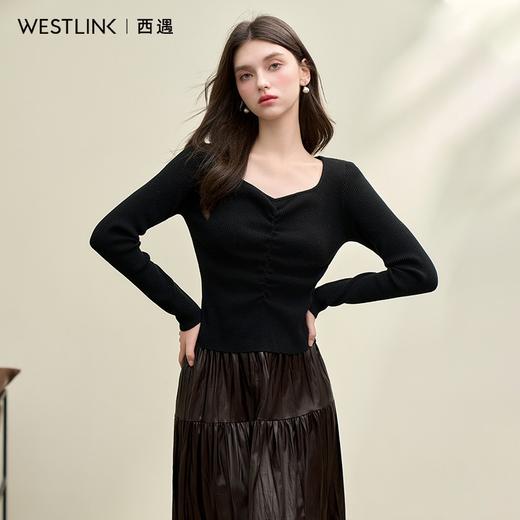 绵羊毛简约设计感针织衫女早春轻薄捏褶高弹桃心领打底衫V4142675 商品图4