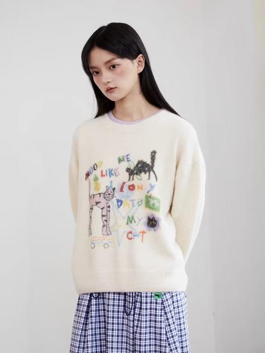 Mood Like Me/MMY2413/手绘涂鸦slogan猫咪铅笔画针织毛衣 商品图1