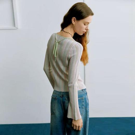 【顺丰包邮】34539 洛诗琳多巴胺设计感绑带方领条纹长袖打底T恤502 商品图1