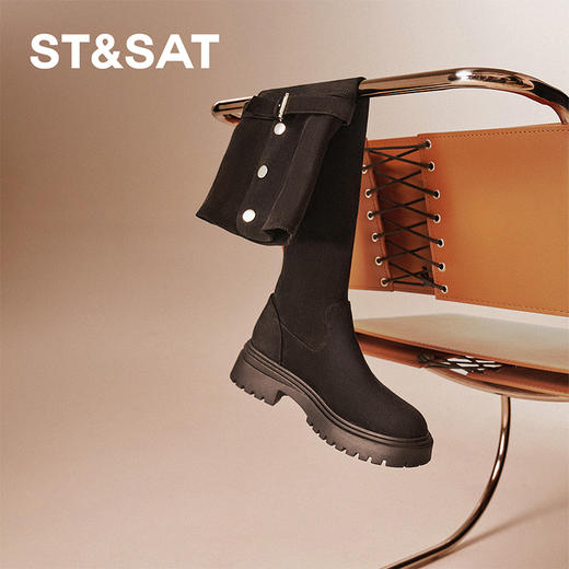 星期六复古扣饰厚底百搭过膝长筒靴SSC4117C44 商品图9