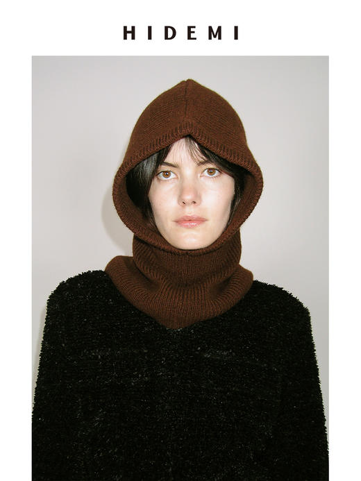 HIDEMI进口美利奴羊毛加厚粗针设计感保暖连帽围脖巴拉克拉法帽针织帽女 黑色/复古棕红/鼠尾草灰绿 商品图4