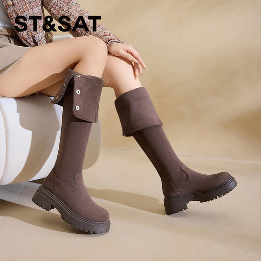 星期六复古扣饰厚底百搭过膝长筒靴SSC4117C44 商品图5