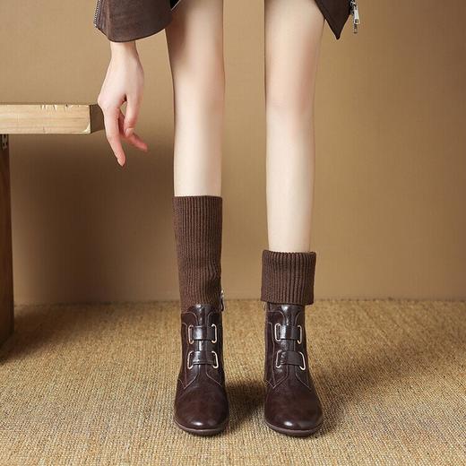 【预售5天】加绒毛线口复古妈妈皮鞋低跟舒适冬坡跟短靴圆头皮靴子秋冬季单靴LD&6955 商品图4