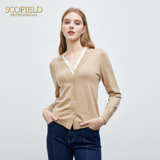 SCOFIELD女装优雅v领领口撞色假两件羊毛针织开衫SFCKE1101S 商品图0