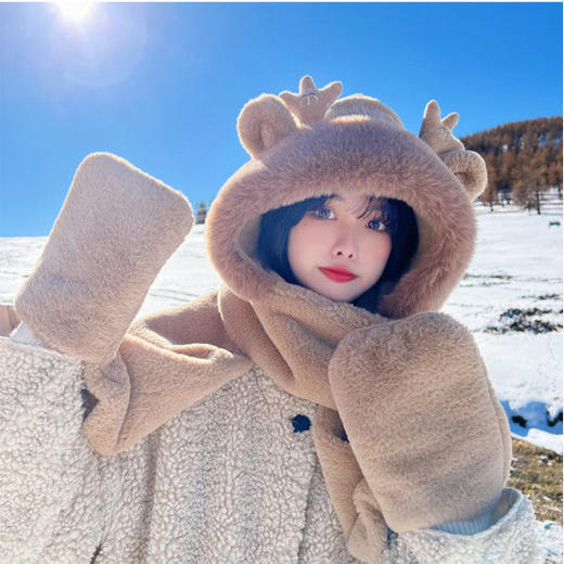 【萌趣小龙宝！帽子围巾三件套】冬季新款龙宝鹿角帽子围巾三件套加厚保暖毛绒帽子一体帽保暖围脖。ry 商品图2