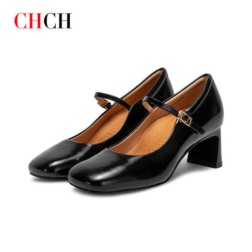 CHCH平衡鞋2024秋冬新品专柜同款 牛皮光面一字带玛丽珍浅口粗跟通勤女鞋CO2B5141 商品图0