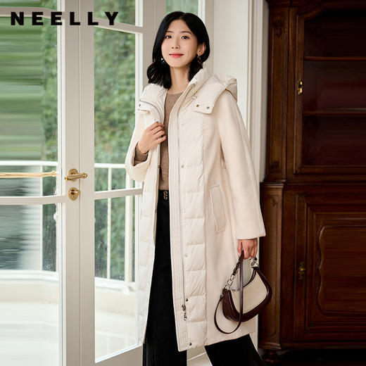 NEELLY纳俪商场同款冬季新款连帽羽绒拼接长款双面呢大衣外套女N24104L07765 商品图0