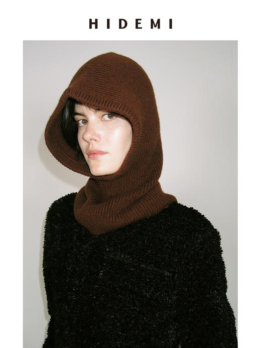 HIDEMI进口美利奴羊毛加厚粗针设计感保暖连帽围脖巴拉克拉法帽针织帽女 黑色/复古棕红/鼠尾草灰绿 商品图2