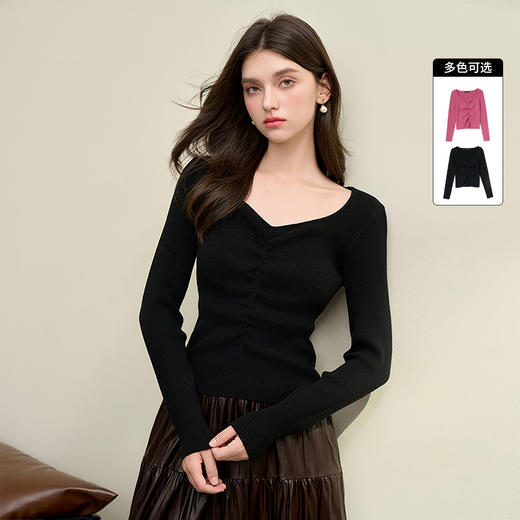绵羊毛简约设计感针织衫女早春轻薄捏褶高弹桃心领打底衫V4142675 商品图0
