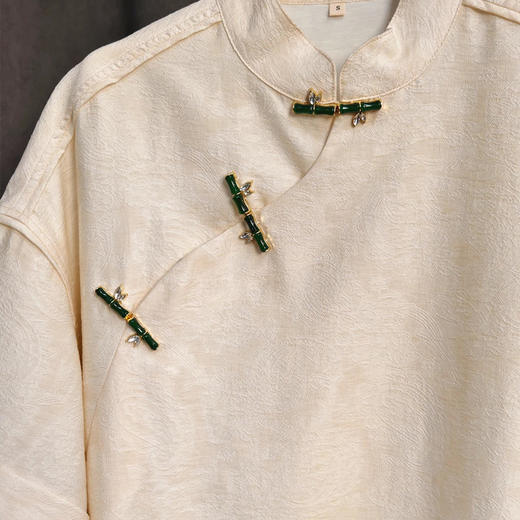 【顺丰包邮】40703 洛诗琳新中式暗纹提花中长款竹节扣国风衬衫0029 商品图3