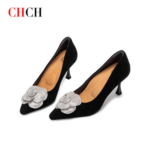 CHCH平衡鞋2024秋冬新品优雅细高跟鞋简约正装闪钻花卉一脚蹬尖头女鞋CO2B5071 商品图0
