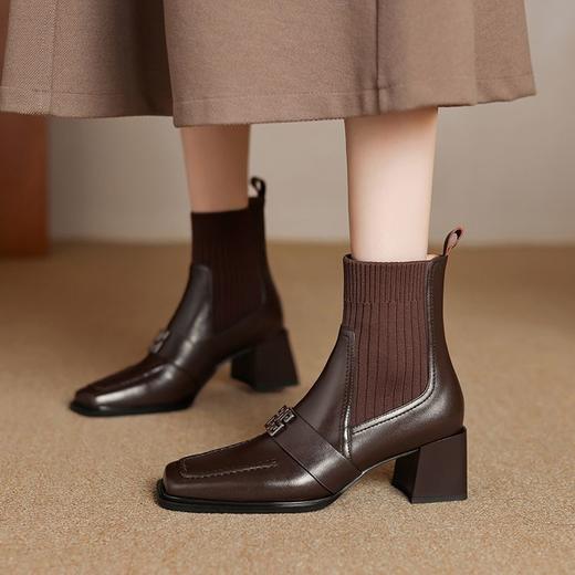 【预售5天】秋冬新款牛皮针织毛线筒瘦瘦靴加绒方扣粗高跟弹力短靴女SLLK&sl-7855 商品图2