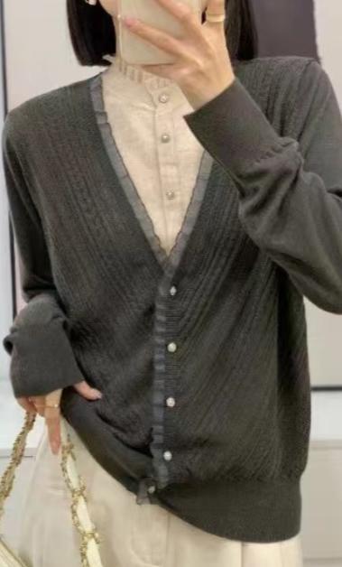 伯妮斯茵 | 复古温柔风  V 领木耳边针织开衫 春秋气质显瘦上衣 HJ3E25 商品图5