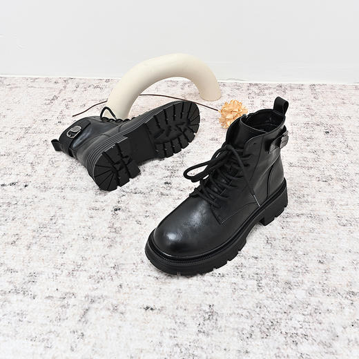 经典鲨2024年冬季新款百搭黑色加绒侧拉链平底通勤短筒靴女KW178-D58171 商品图2