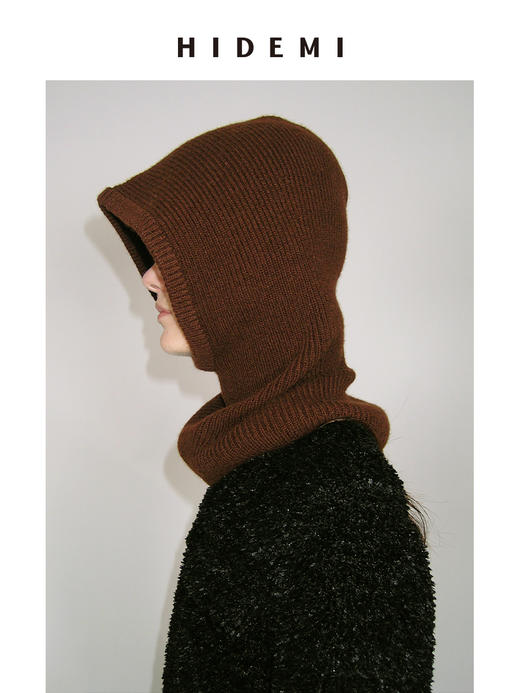 HIDEMI进口美利奴羊毛加厚粗针设计感保暖连帽围脖巴拉克拉法帽针织帽女 黑色/复古棕红/鼠尾草灰绿 商品图3
