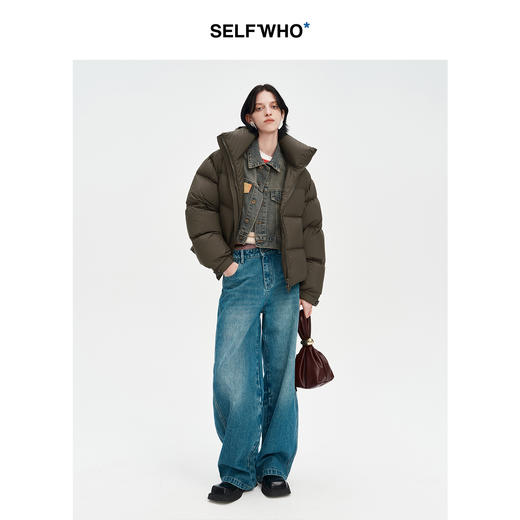 SELFWHO90白鸭绒假两件牛仔拼接连帽羽绒服女2024冬保暖蓬松外套 商品图1