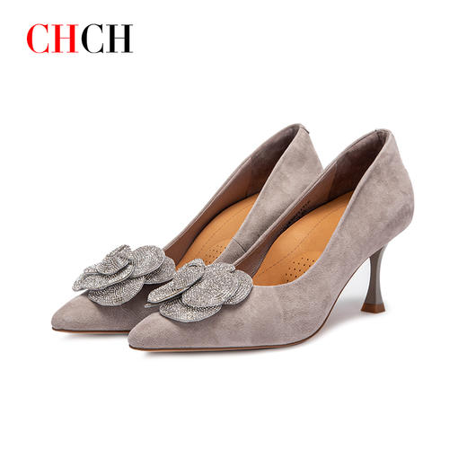 CHCH平衡鞋2024秋冬新品优雅细高跟鞋简约正装闪钻花卉一脚蹬尖头女鞋CO2B5071 商品图3