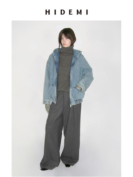 HIDEMI【江疏影同款】进口绵羊毛保暖厚款双压褶垂顺感超模阔腿裤长裤 黑色|深灰色 商品图5