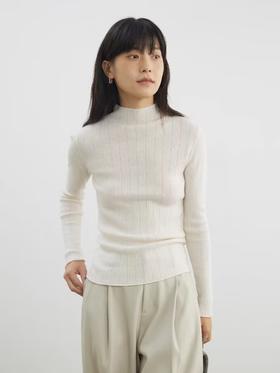 步履不停/4D13230C/柔软条纹肌理立领白色咖色羊毛打底衫