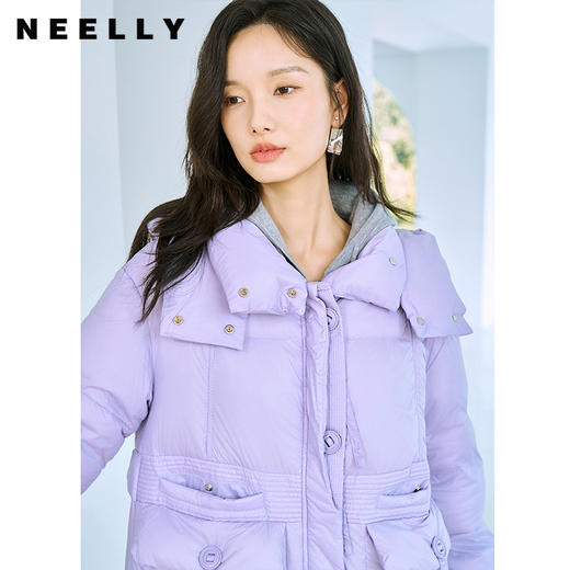 NEELLY纳俪90白鸭绒中长款过膝羽绒服女冬季连帽设计感保暖面包服N23104L06605 商品图2