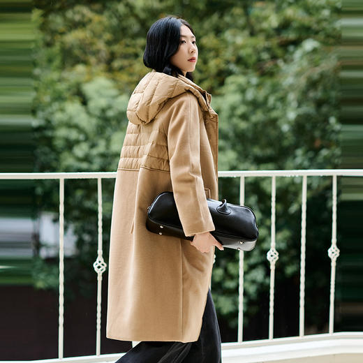 NEELLY纳俪商场同款冬季新款连帽羽绒拼接长款双面呢大衣外套女N24104L07765 商品图1