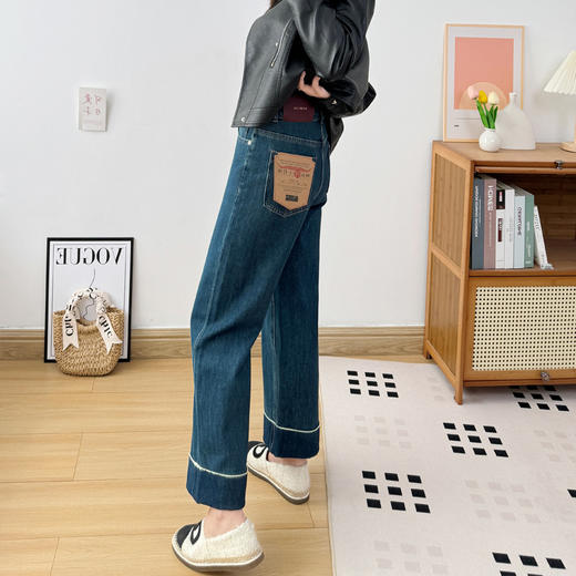 2024翻边撞色直腿裤!四面弹加厚绒直筒牛仔裤！小个子九分高腰阔腿裤！ 商品图3
