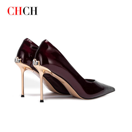 CHCH平衡鞋2024秋冬新品亮面高跟鞋细跟酒红婚宴鞋简约金属跟浅口尖头职业OL女鞋 商品图2