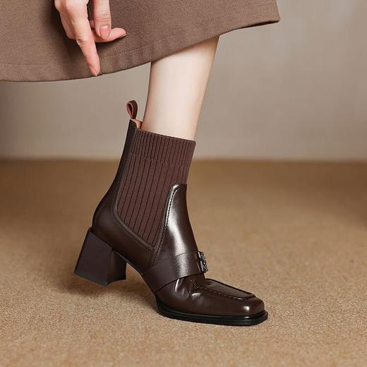 【预售5天】秋冬新款牛皮针织毛线筒瘦瘦靴加绒方扣粗高跟弹力短靴女SLLK&sl-7855 商品图3