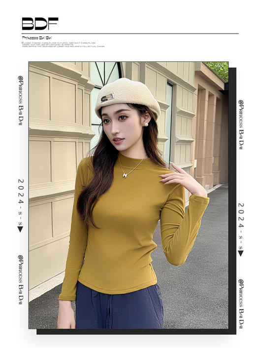 【3件/69】双面磨毛小立领长袖女秋冬新款半高领百搭内搭上衣高级椰油打底衫HLY 商品图5