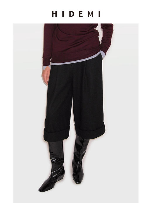 HIDEMI 进口羊毛卷边设计感加厚款宽松阔腿七分裤靴裤 商品图0
