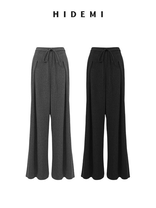HIDEMI【江疏影同款】进口绵羊毛保暖厚款双压褶垂顺感超模阔腿裤长裤 黑色|深灰色 商品图7