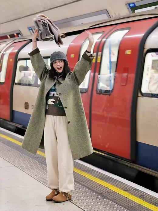 浮生八记/24C114/复古全羊毛人字纹羊腿袖卷袖口大衣 商品图0