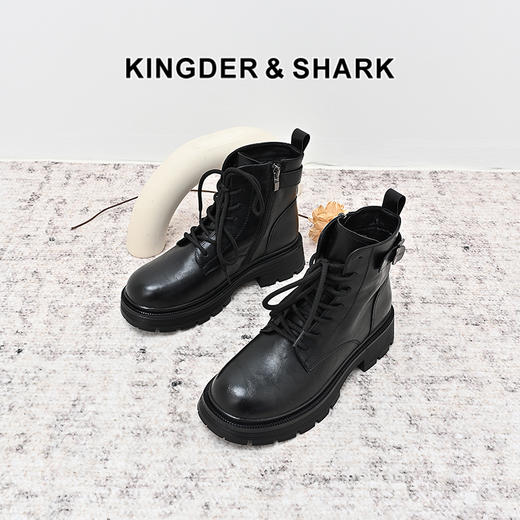 经典鲨2024年冬季新款百搭黑色加绒侧拉链平底通勤短筒靴女KW178-D58171 商品图0