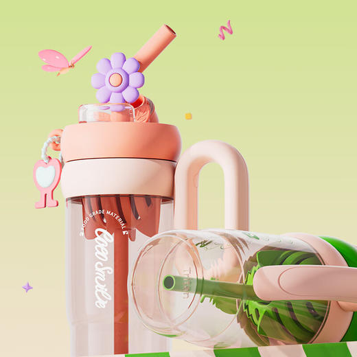 【6F】多样屋可可猫女儿童大容量吸管杯带把手便携水杯2024新款生日礼物 薄荷曼波-月牙手柄带茶漏  1000ml 商品图3